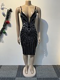 Sexy Women V-neck Hot Drilling Straps Slim Split Bodycon Dress NY-3182