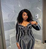 Black Sexy Ladies Square Collar Hot Drilling Slim Long Party Dress NY-3168