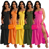Casual Women Solid Color Sleeveless Straps Split Maxi Dress NTY-7369