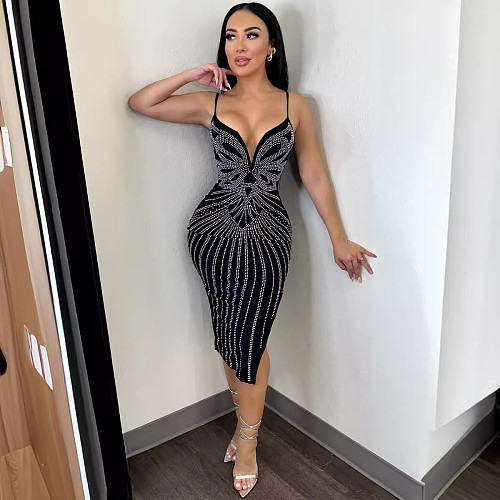 Sexy Women V-neck Hot Drilling Straps Slim Split Bodycon Dress NY-3182