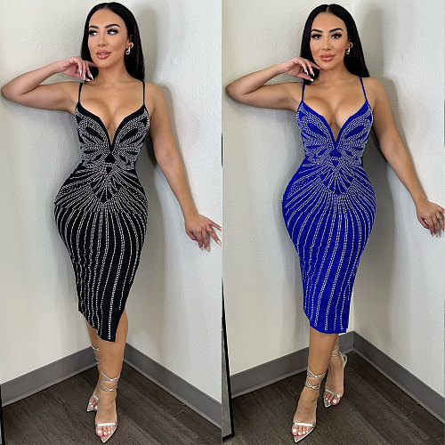 Sexy Women V-neck Hot Drilling Straps Slim Split Bodycon Dress NY-3182