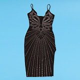 Sexy Women V-neck Hot Drilling Straps Slim Split Bodycon Dress NY-3182
