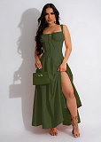 Casual Women Solid Color Sleeveless Straps Split Maxi Dress NTY-7369