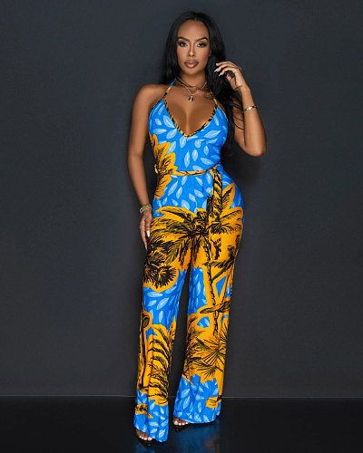 Fashion Printed Women Sleeveless Backless Halter Long Jumpsuit NTY-7384