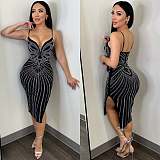Sexy Women V-neck Hot Drilling Straps Slim Split Bodycon Dress NY-3182