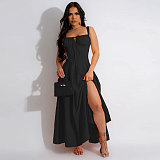 Casual Women Solid Color Sleeveless Straps Split Maxi Dress NTY-7369