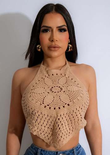 Girl Lace-up Halter Crochet Hollowed-out Vacation Beach Top OSM-4457