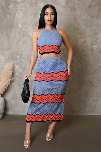 Women's Sleeveless Knitted Elastic Casual Vest Sweater Long Skirt Set OSM-4459