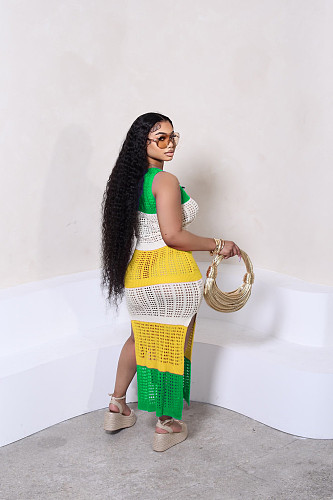 Women Sleeveless Matching Color Fishing Net Split Beach Long Dress LA-3343