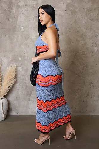 Women's Sleeveless Knitted Elastic Casual Vest Sweater Long Skirt Set OSM-4459