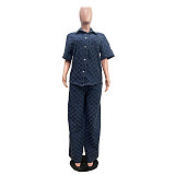 Women's Casual Plaid Wash Denim Flare Trouser Suits TR-1307