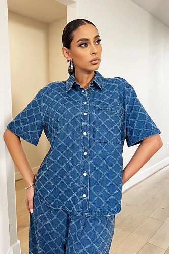 Women's Casual Plaid Wash Denim Flare Trouser Suits TR-1307