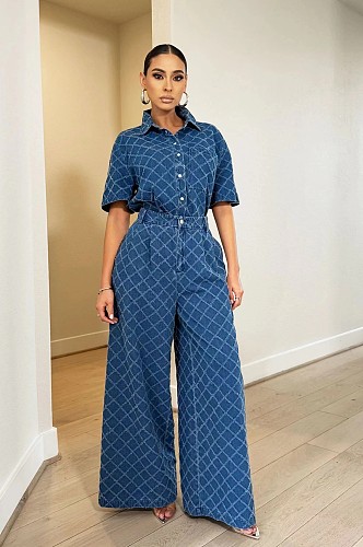 Women's Casual Plaid Wash Denim Flare Trouser Suits TR-1307