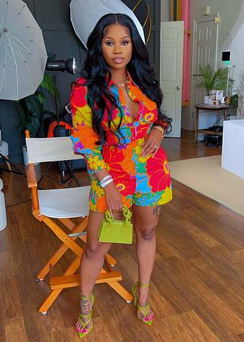 Fashioin Print Women Long Sleeves Blouse And Shorts 2 Pieces Sets TE-4685