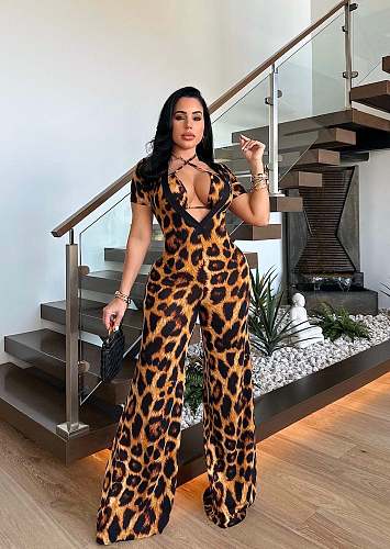 Sexy Leopard Printed Women Brallette Top And Wide-leg Jumpsuit 2 Pieces Sets TE-4684
