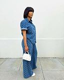 Women's Casual Plaid Wash Denim Flare Trouser Suits TR-1307