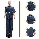 Women's Casual Plaid Wash Denim Flare Trouser Suits TR-1307