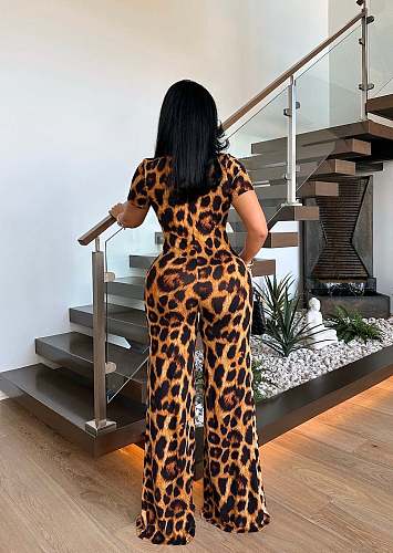 Sexy Leopard Printed Women Brallette Top And Wide-leg Jumpsuit 2 Pieces Sets TE-4684
