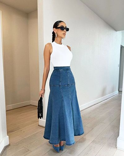 Women's High-waist Denim Wash Long Hem Skirt Blue OD-8681