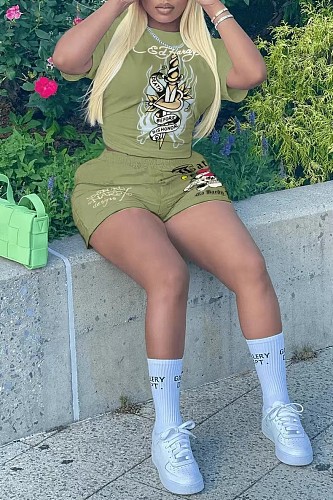 Casual Women Printed Short Sleeves Round Neck Tops And Shorts Sporty Suits YX-333