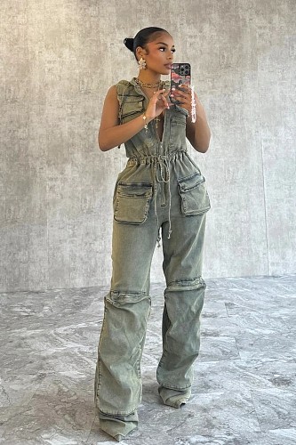 Women Sleeveless Pockets Hoodies Straight-leg Denim Jumpsuits MEM-88582