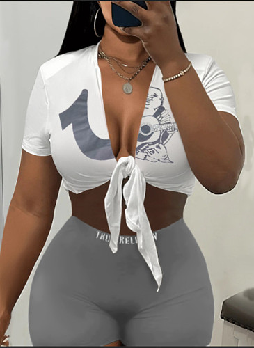 Casual Girls Printed Bandage Crop Top And Bodycon Shorts Sporty Suits RS-00001