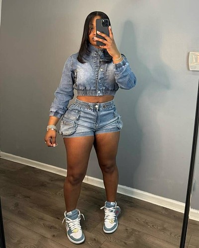 Wholesale Denim Cropped Jackets Shorts Sets MEM-88571