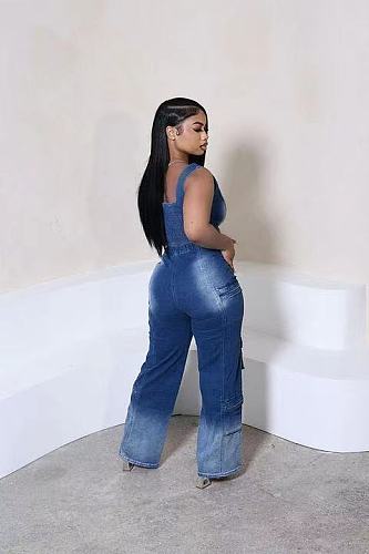 Fashion Women Waistcoat Pockets Wide-leg Pants Casual Denim 2 Pieces Sets YUN-51087