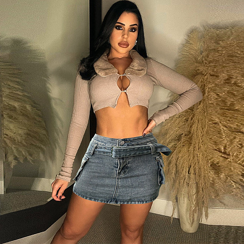 Leisure Women Strech Pocket Belt Short Denim Skirt WA-77656