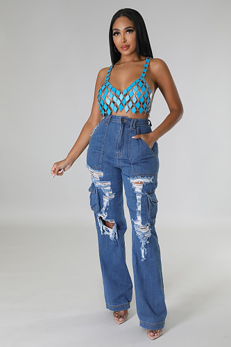 Women's High-waist Broken Holes Loose Wide-leg Jeans LX-6975