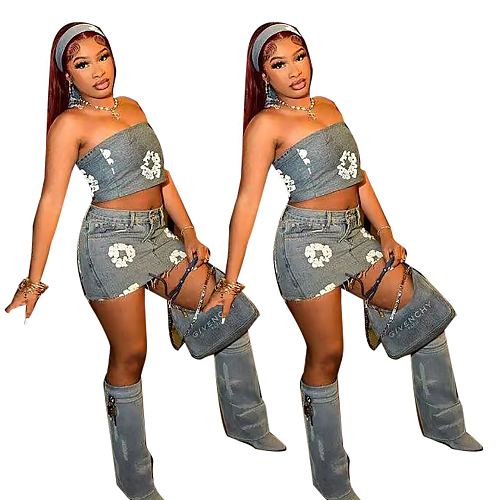 2024 Blue Wrap Tank Up Two Pieces Jeans Skirt Sets MEM-88568