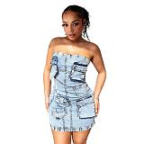 Sexy Strapless Pockets Denim Bodycon Mini Dress MEM-88557