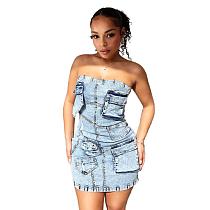 Sexy Strapless Pockets Denim Bodycon Mini Dress MEM-88557