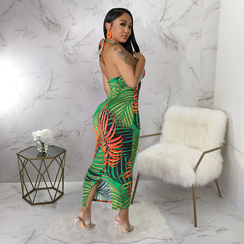 Sexy Printing Cross Halter Backless Summer Maxi Dress YF-10426
