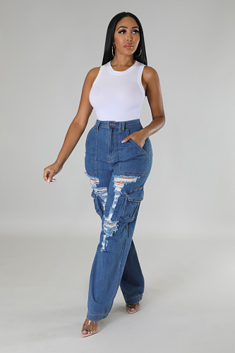 Women's High-waist Broken Holes Loose Wide-leg Jeans LX-6975