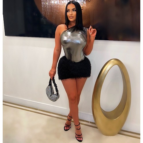Women One Shoulder Sleeveless Bodysuits Leather Skirts Outfits OQ-238