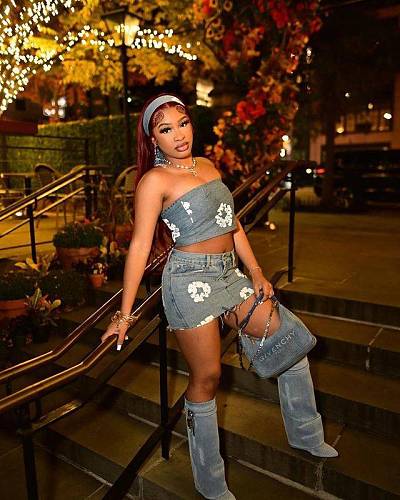2024 Blue Wrap Tank Up Two Pieces Jeans Skirt Sets MEM-88568