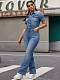 Fashion Women Lapel Short Sleeves Buttons Slim Denim Jumpsuits LX-1380