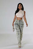 Leisure Girls Middle Waist Zipper Pockets Strech Long Jeans LX-1381
