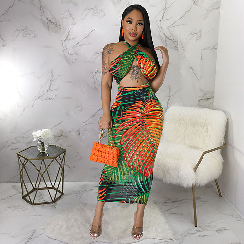 Sexy Printing Cross Halter Backless Summer Maxi Dress YF-10426
