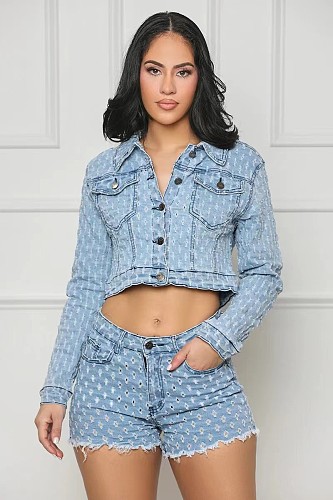 Women's Casual Long Sleeves Buttons Ripped Denim Shorts Sets TR-1299