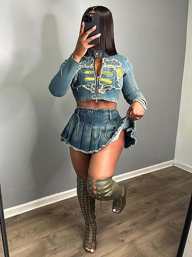 Stylish Girl Embroidery Zipper Tops And Pleated Mini Skirt Denim Sets CH-88008