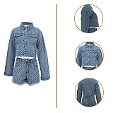 Women's Casual Long Sleeves Buttons Ripped Denim Shorts Sets TR-1299