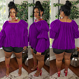 Casual Women Solid Color Round Neck Bubble Sleeves Plus Size Tops WY-7098