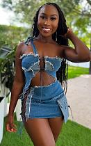 Sexy Strapless Lace-up Crop Top And Mini Skirt Denim Two Pieces Sets BS-1359