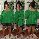 Casual Women Solid Color Round Neck Bubble Sleeves Plus Size Tops WY-7098