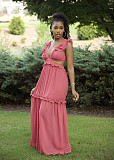 Sexy V Neck Ruffle Sleeveless Flared Tie Waist Split Cocktail Party Midi Dress BN-93351