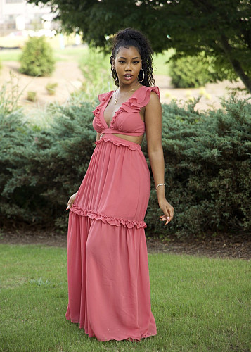 Sexy V Neck Ruffle Sleeveless Flared Tie Waist Split Cocktail Party Midi Dress BN-93351