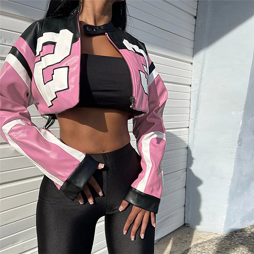 Fashion Motorcycle Stitching Slim-fit Imitation Leather Short Jacket SXE-K23C37660