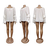 Casual Women Solid Color Round Neck Bubble Sleeves Plus Size Tops WY-7098